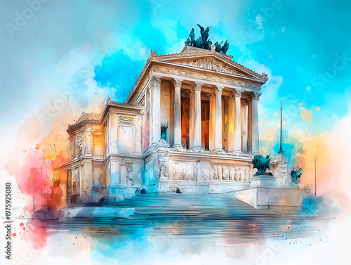 Abstract panoramic watercolor of Rome, Italy