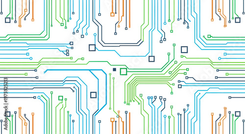 Colorful abstract circuit board pattern on white background.