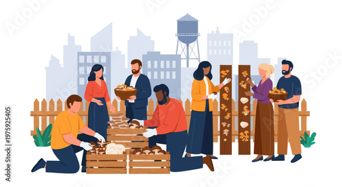 People harvesting fresh mushrooms in a community urban garden with a city skyline backdrop.