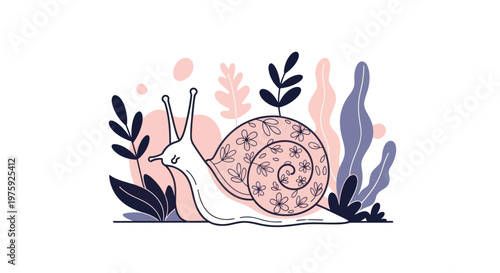 A charming snail with a decorated shell amidst whimsical plants.