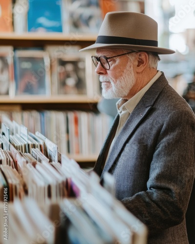 Sophisticated Senior Man in Stylish Fedora Hat Browsing Vinyl Records in Modern Store