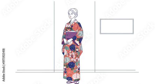 Elegant woman in traditional Japanese kimono standing with a serene expression.