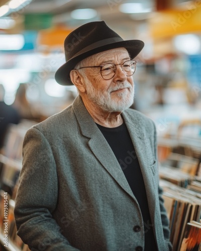 Sophisticated Senior Man browsing Vinyl Record Store in Stylish Fashion