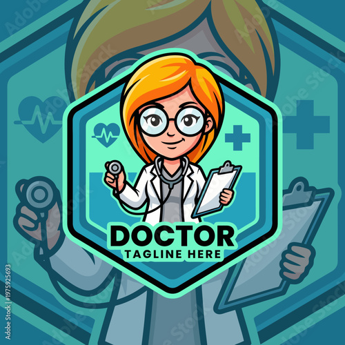An animated female doctor with orange hair holds a clipboard and stethoscope, ready to help patients, set against a teal background with medical symbols.