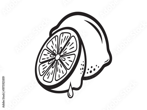 A vintage style illustration of a lemon featuring a slice and dripping juice