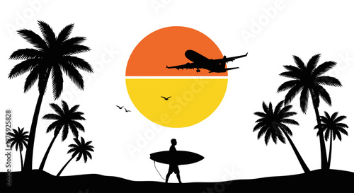 Silhouette of a surfer on a beach with palm trees and an airplane at sunset.