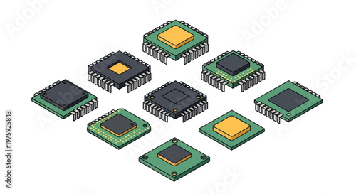 Isometric illustration of various electronic components and microchips.