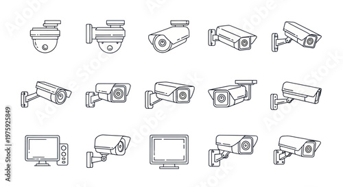 Collection of security cameras and video surveillance system line icons.
