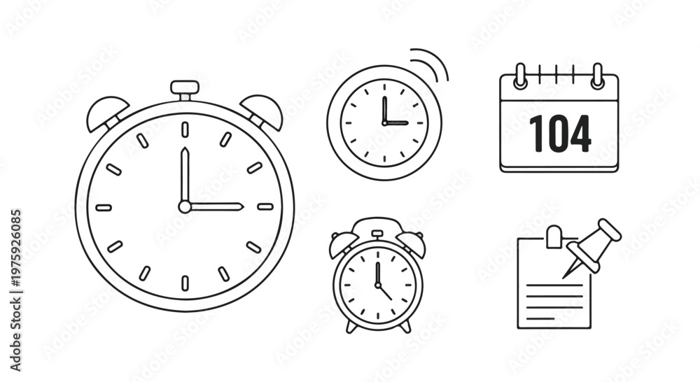 Fototapeta premium Minimalist time management icon set, black and white line art clock and calendar vectors, productivity and scheduling symbols for business planning