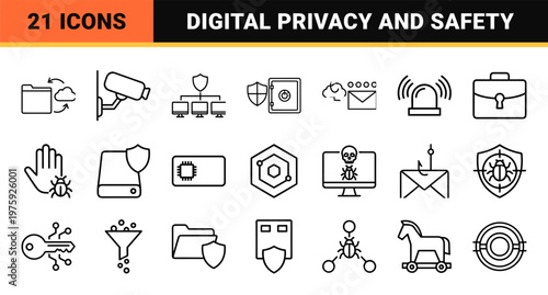Computer security line icons with firewall cloud network and locks