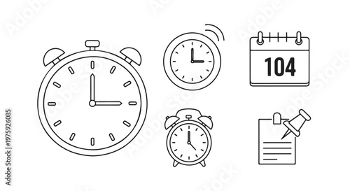 Minimalist time management icon set, black and white line art clock and calendar vectors, productivity and scheduling symbols for business planning