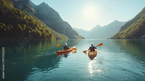Adventurous Senior Couple Kayaking on Serene Lake with Mountain Backdrop - Active Healthy Lifestyle on Sunny Day