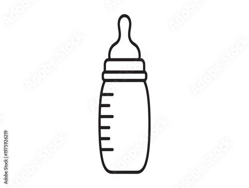 Simple black and white line drawing of a classic baby bottle isolated on white background