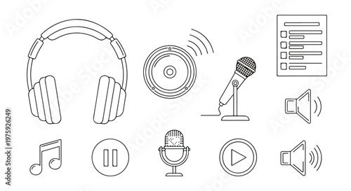 Minimalist audio equipment icon set, podcast and music production vector elements, black and white line art for sound recording and broadcasting