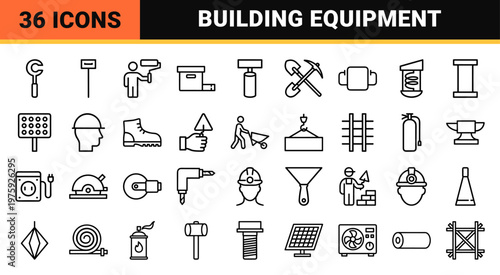 Minimalist construction tools and heavy machinery icon set.