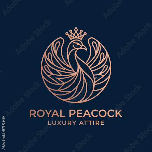 A sophisticated logo represents a peacock adorned with a crown, capturing the essence of luxury, elegance, and high-end fashion for discerning clientele.