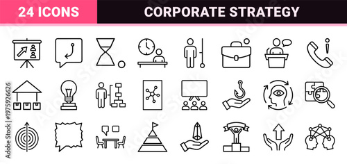 Minimalist outline business consulting and strategy icons.