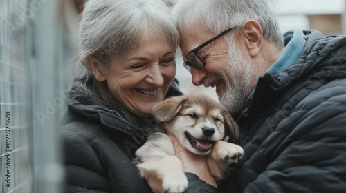 Embracing A New Friend: Elderly Couple Adopting a Puppy in a Modern Animal Shelter - Heartwarming Moment of Joy and Connection