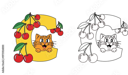 Letter C alphabet illustration featuring a cute cat and cherries, includes color and black and white coloring page version for kids education
