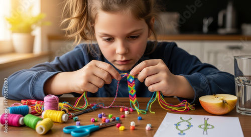 A focused girl enjoying crafting colorful bracelets at home, surrounded by materials and designs on a bright table with natural light