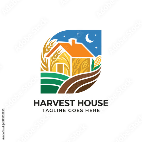 A vibrant illustration of a cozy house surrounded by fields of wheat and crops, symbolizing abundance and the harvest season's joy and prosperity.