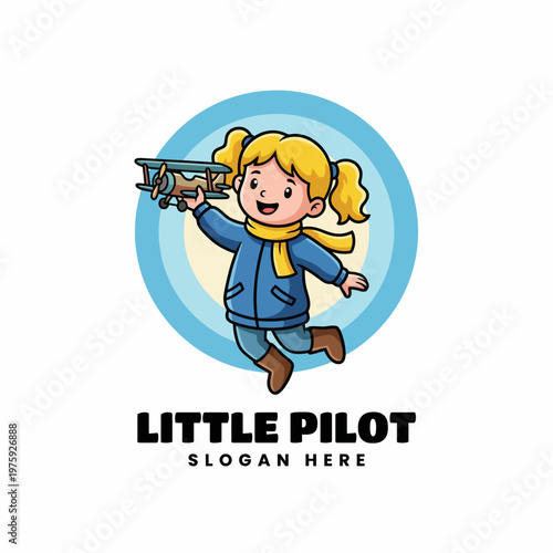 A charming illustration of a young girl with a plane, representing dreams and aspirations of flying high, showcasing childhood imagination and adventure.
