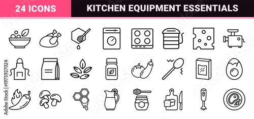 Kitchen and cooking line art symbols for restaurant menus and culinary apps.