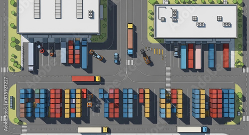 Aerial View of a Busy Shipping Yard with Cargo Containers and Trucks.