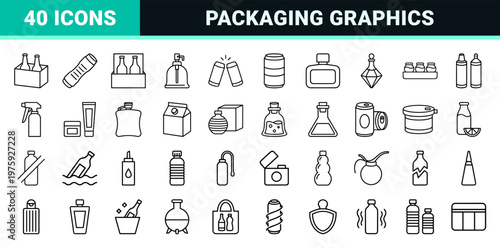 Minimalist outline container and bottle packaging elements.