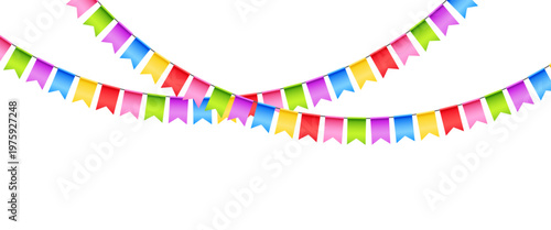 Vector colorful bunting isolated on a transparent background. Bright festive garland with confetti. Element of holiday decor for card, invitation, banner or background.