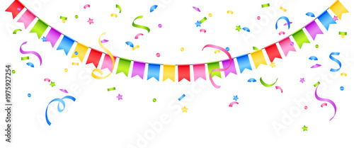 Vector colorful bunting isolated on a transparent background. Bright festive garland with confetti. Element of holiday decor for card, invitation, banner or background.
