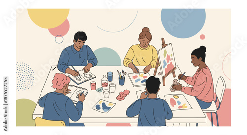 Diverse group of people painting in creative workshop with colorful balloons in bright lighting for art class