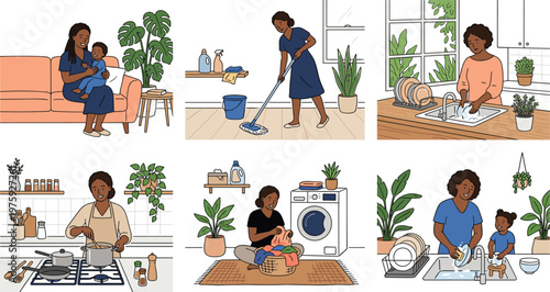 Black woman performing various household chores and motherhood tasks, cleaning floor, washing dishes, cooking meal, doing laundry, and playing with her young child.