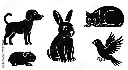 Domestic animal and pet black silhouette set, including dog, cat, rabbit, and bird, flat vector illustrations for pet care, veterinary, and animal-themed design projects.