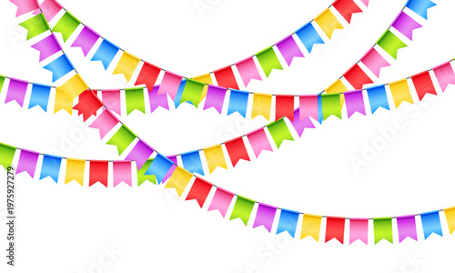 Vector colorful bunting isolated on a transparent background. Bright festive garland with confetti. Element of holiday decor for card, invitation, banner or background.