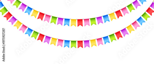 Vector colorful bunting isolated on a transparent background. Bright festive garland with confetti. Element of holiday decor for card, invitation, banner or background.