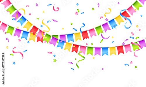 Vector colorful bunting isolated on a transparent background. Bright festive garland with confetti. Element of holiday decor for card, invitation, banner or background.