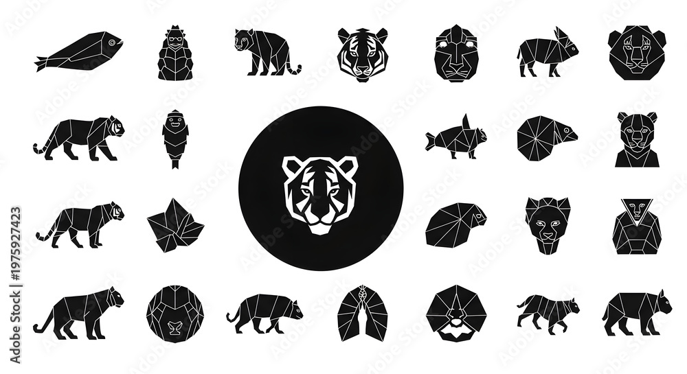Fototapeta premium Black silhouettes of various wild animals.