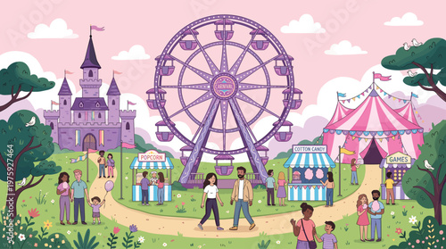 Colorful amusement park illustration with ferris wheel, circus tent, castle, food stalls, and happy diverse people enjoying a summer carnival outdoor festival.