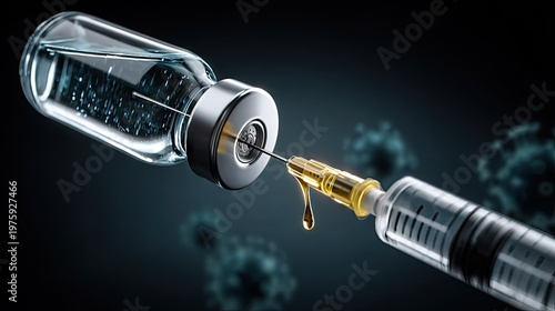 Medical syringe drawing liquid from a pharmaceutical vial against a dark background featuring microscopic organisms