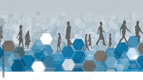 Silhouettes of diverse people walking across a field of abstract hexagonal shapes in varying shades of blue and gray.
