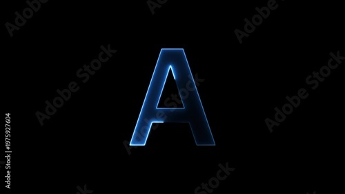 Glowing neon letter 'A' symbol, a shiny light font illustration on a black background English alphabet education type word writing letter text effect smooth footage sign symbol with black background