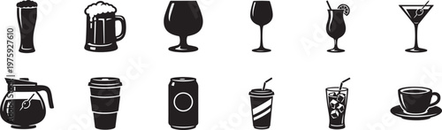 Drinks vector icon set, EPS format for beverages, cocktails, coffee, juice, soda, and bar design.