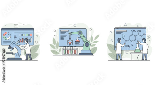 Lab bio tech data info cell gene dna drug test tube tool work scan map