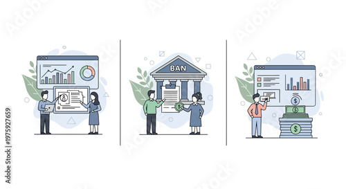 The business loan process includes bank application credit check and final money cash funding approval workflow illustration