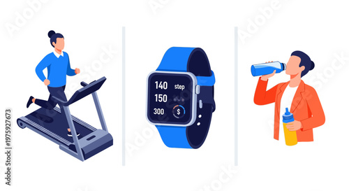 Fit girl run on gym gear use watch app drink water fast stay well now