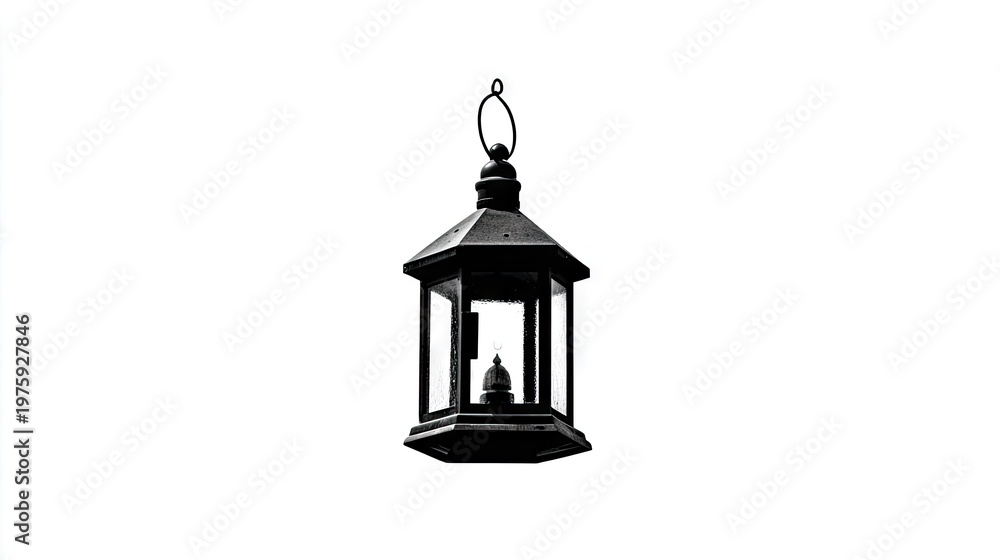 Naklejka premium Traditional hanging lantern silhouette rendered in stark black and white against a plain background
