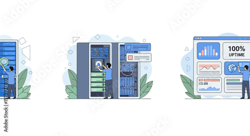 IT man work on web server rack data hub tech desk help tool site link