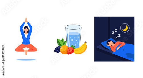 A fit life via yoga food water and sleep for a good health goal icon