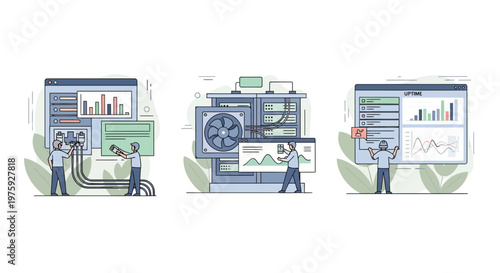 IT team work at server room web app net data hub rack lab pro set